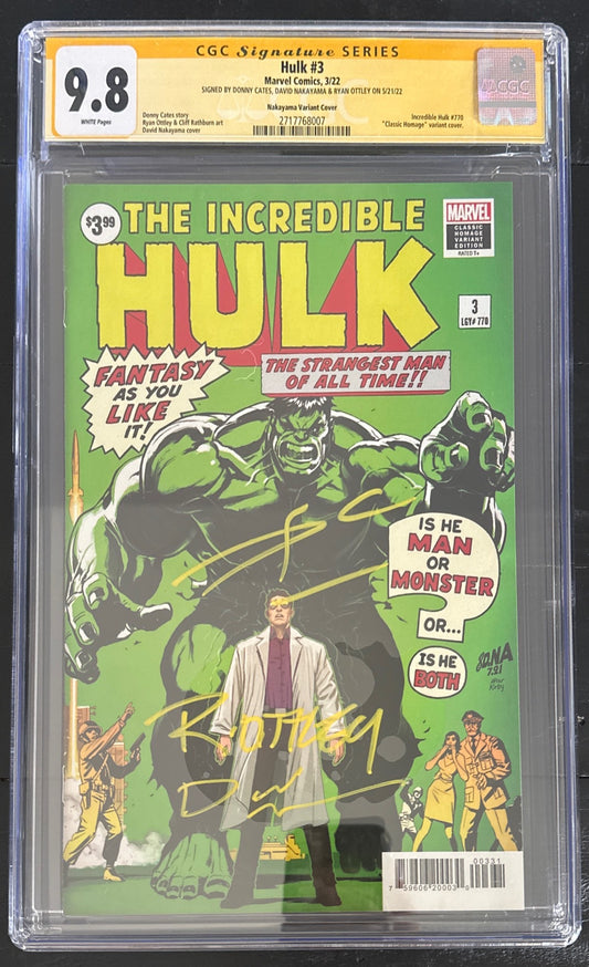 HULK #3 NAKAYAMA VARIANT COVER CGC SS 9.8 SIGNED BY DONNY CATES, RYAN OTTLEY, & DAVID NAKAYAMA